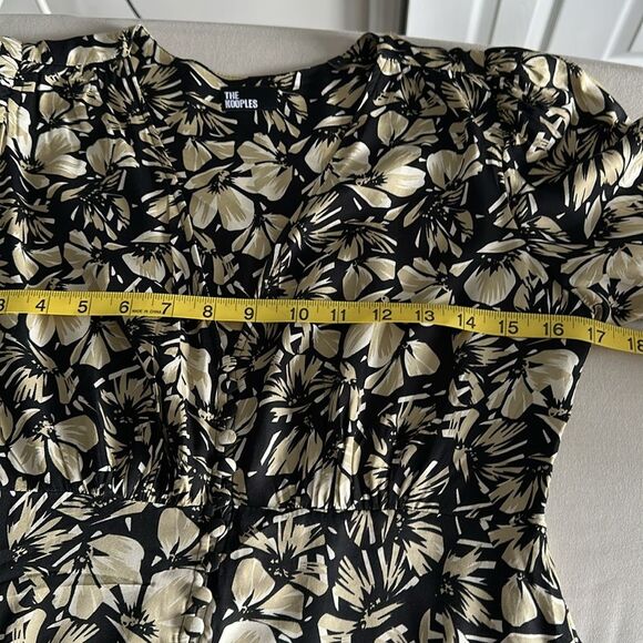 The Kooples Floral Twill Midi Dress Size 1 Black Beige Puff Sleeve Button Front - Picture 9 of 16